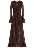 DE LA Vali Clementina Ruffled Guipure Lace Maxi Dress Brown