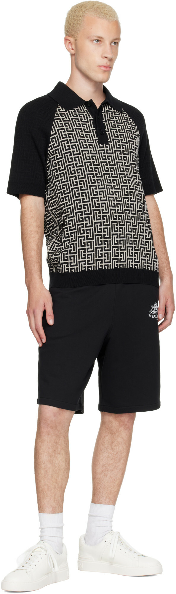 BALMAIN Black & White Monogram Cotton Linen Knit Polo