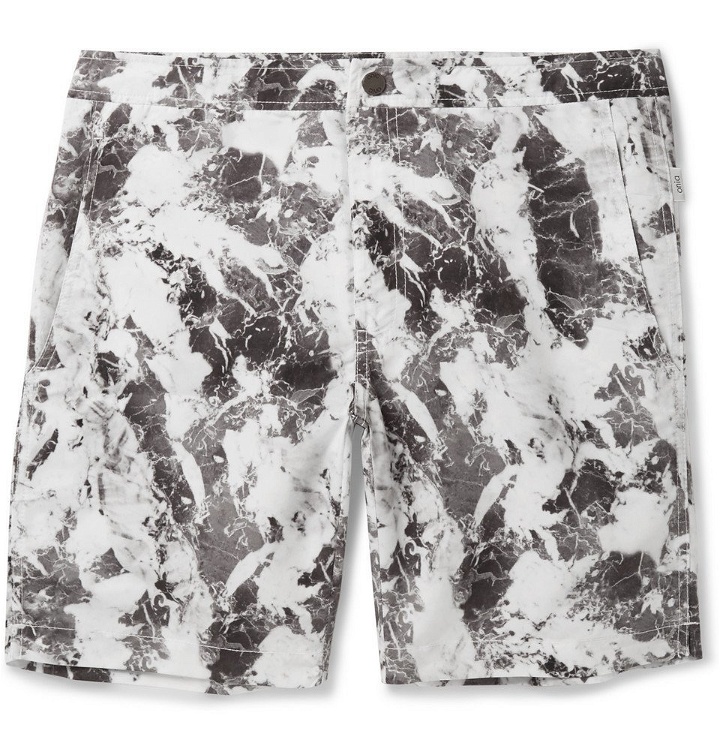 Photo: Onia - Calder Long-Length Marble-Print Swim Shorts - Men - Gray