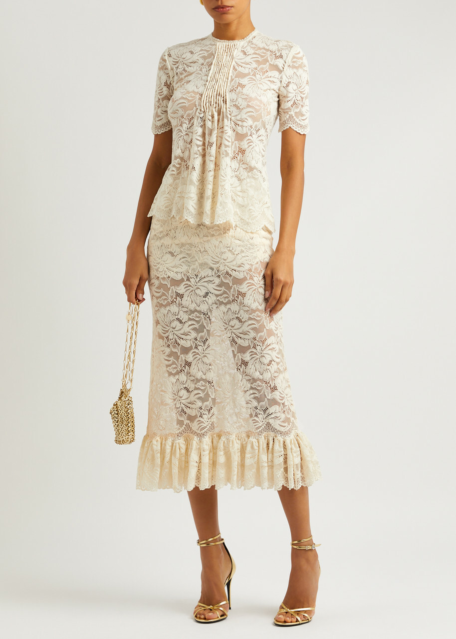 スカート Rabanne Floral lace skirt Rabanne Floral Lace Midi Skirt Ivory Paco Rabanne