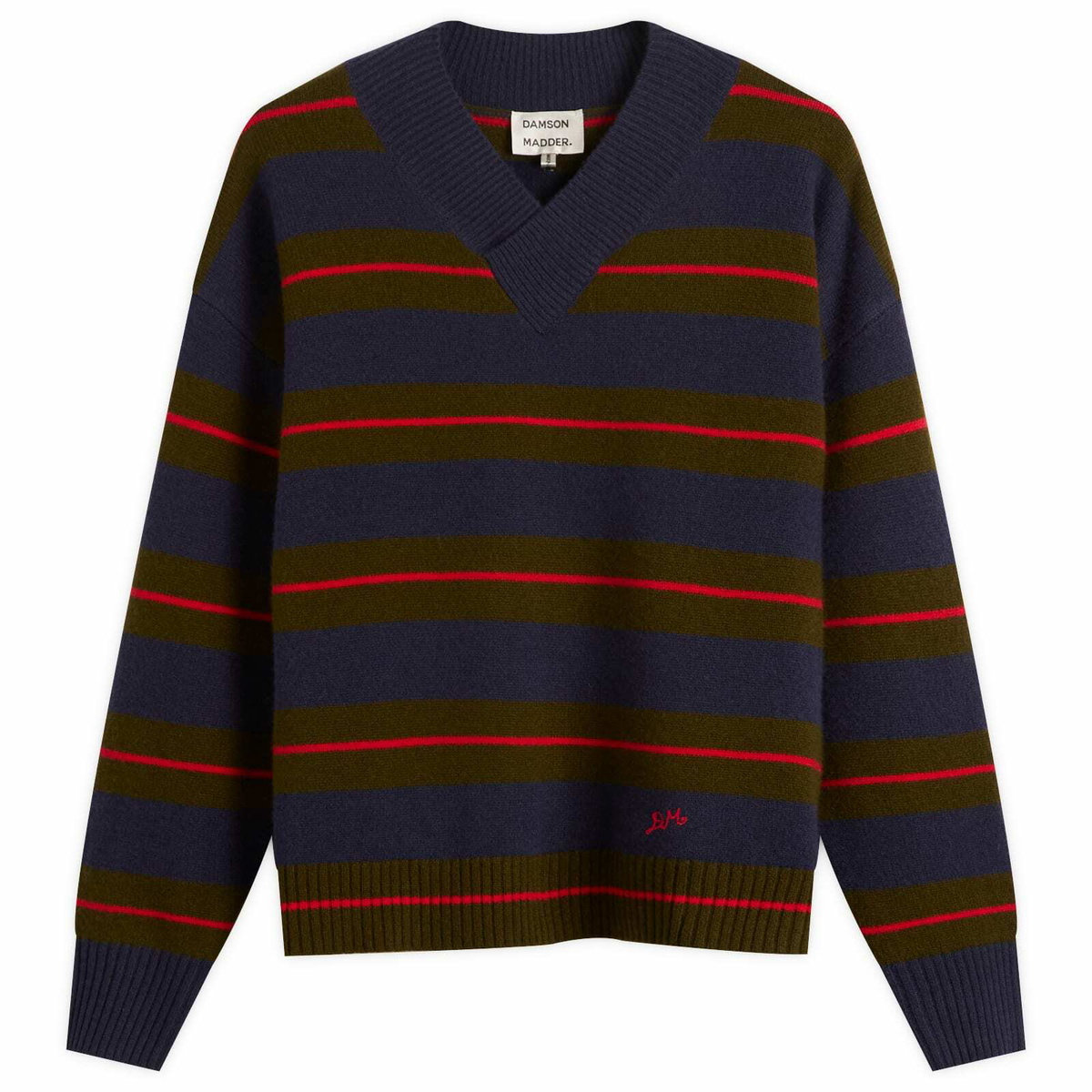 Damson Madder Women's Odette V-Neck Stripe Jumper in Olve
