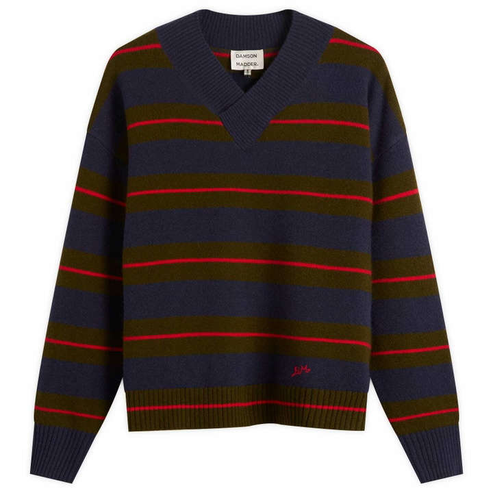 Photo: Damson Madder Women's Odette V-Neck Stripe Jumper in Olve