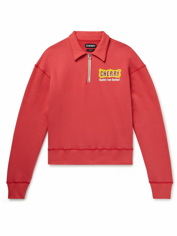 Photo: CHERRY LA - Logo-Appliquéd Cotton-Jersey Half-Zip Sweatshirt - Red