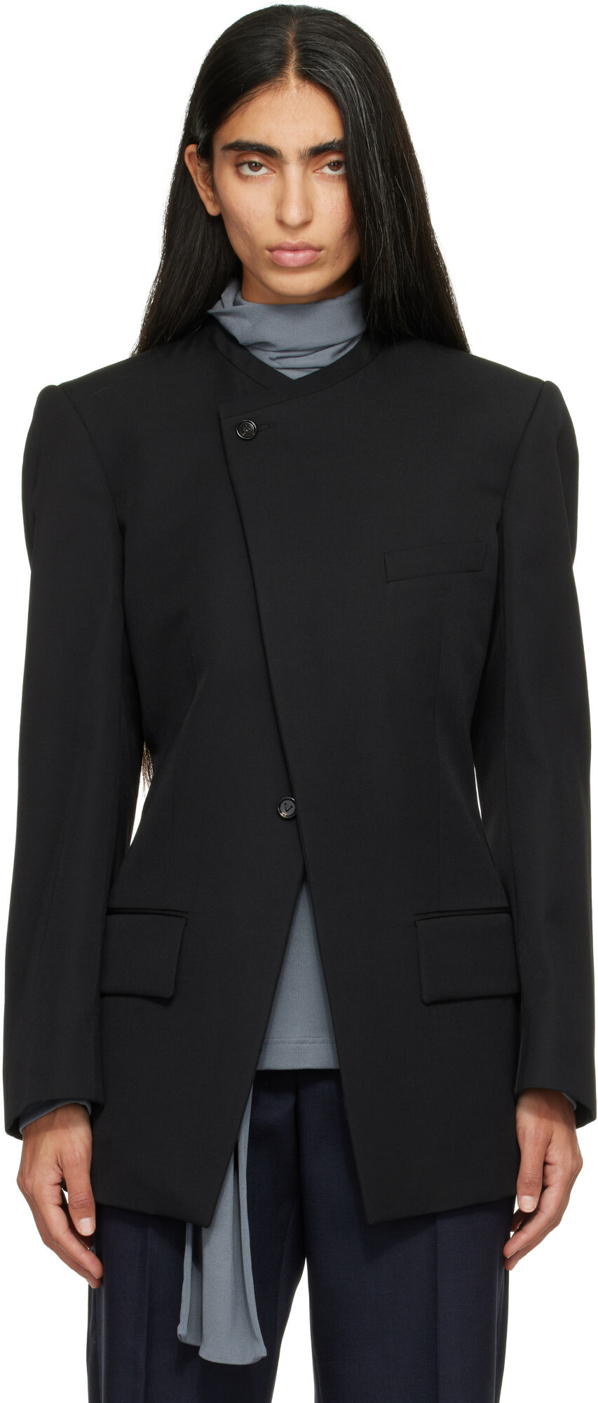 Bottega Veneta Black Wool Grain De Poudre Collarless Blazer