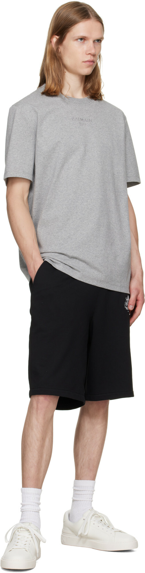 BALMAIN Gray Embroidered 'Balmain Paris' T-shirt