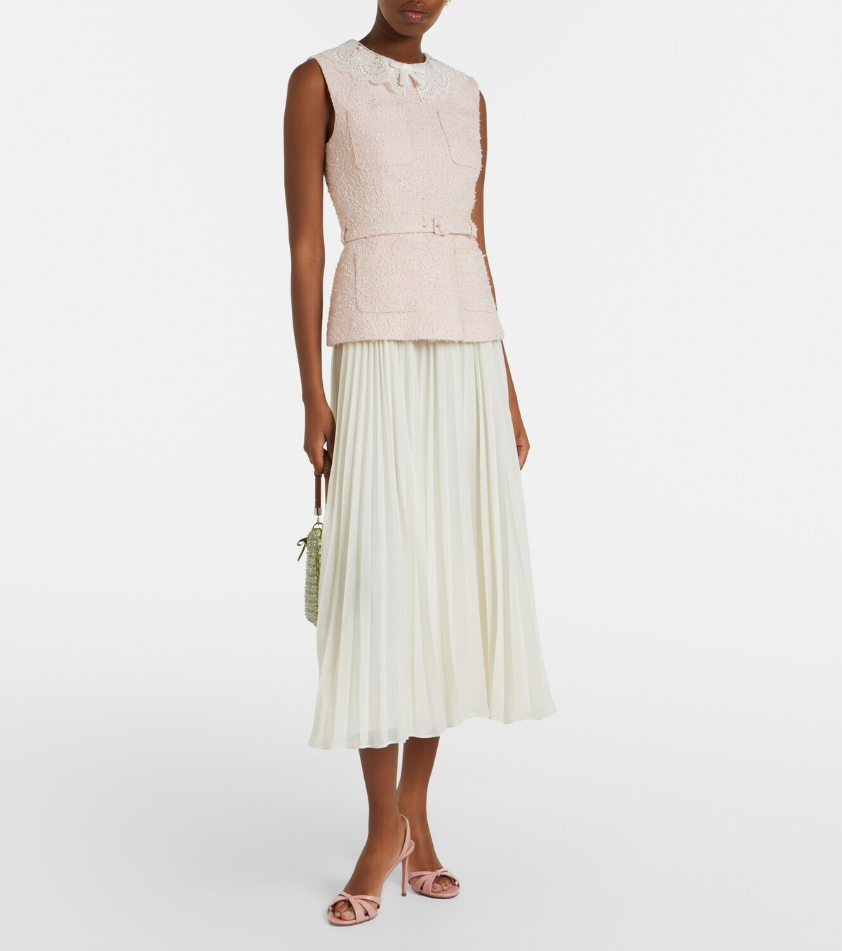 Self-Portrait Belted pleated bouclé and chiffon midi dress