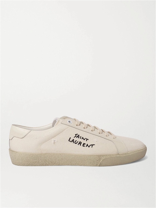 Photo: SAINT LAURENT - SL/06 Court Classic Leather-Trimmed Logo-Embroidered Distressed Canvas Sneakers - White