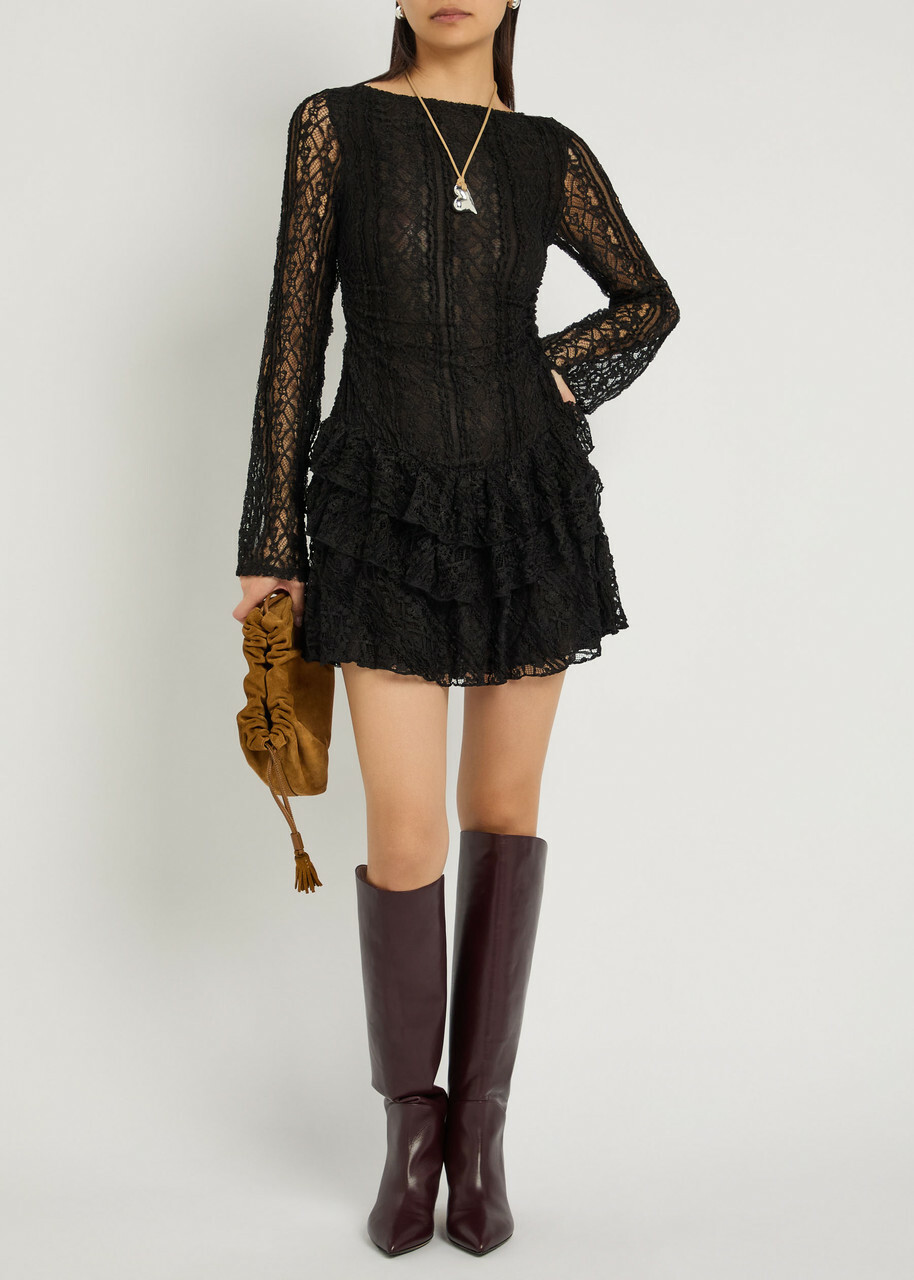 Free People Tabby Ruffled Lace Mini Dress Black