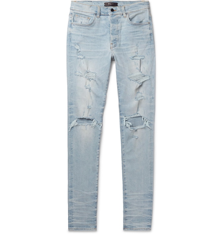 Photo: AMIRI - Thrasher Plus Skinny-Fit Distressed Stretch-Denim Jeans - Blue