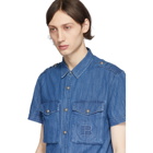 Balmain Blue Denim Embossed Logo Short Sleeve Shirt