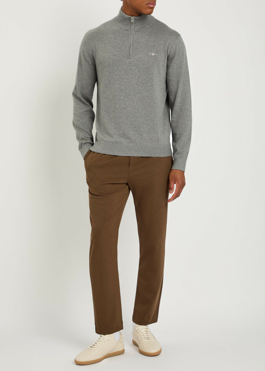Gant Logo-embroidered Quarter-zip Cotton Jumper Dark Grey