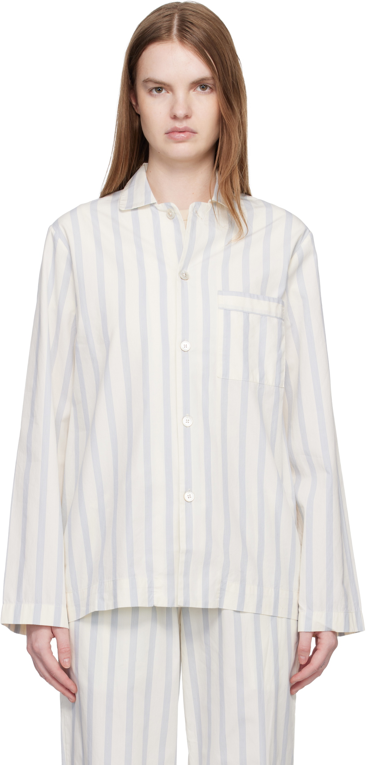 Tekla Off-White & Blue Poplin Long-Sleeved Pyjama Shirt