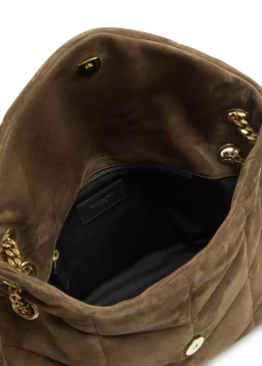 Saint Laurent - Women's Brown Quilted Lou Puffer Small Suede Shoulder bag - Adjustable Chain Strap - One Size