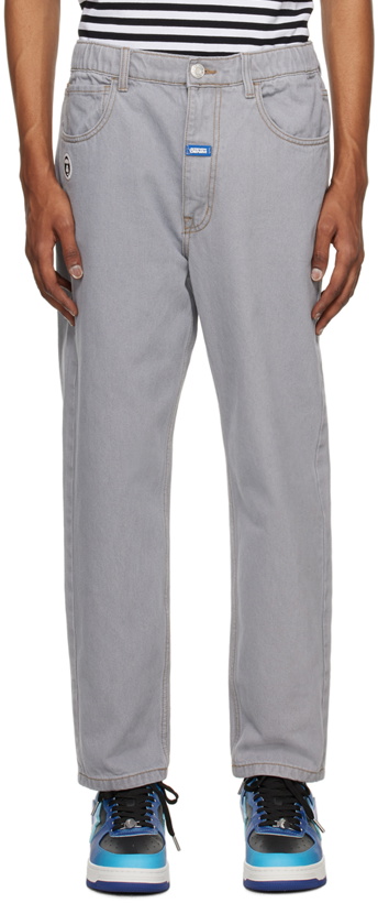 Photo: AAPE by A Bathing Ape Gray Embroidered Denim Trousers