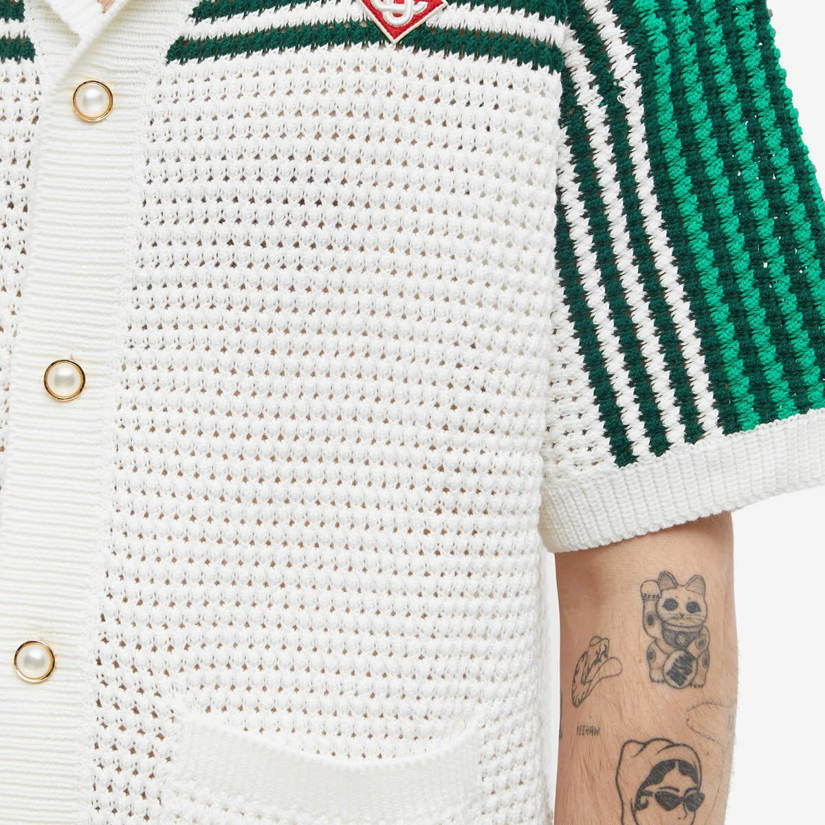 Casablanca Men's Crochet Tennis Shirt in Green/White Casablanca
