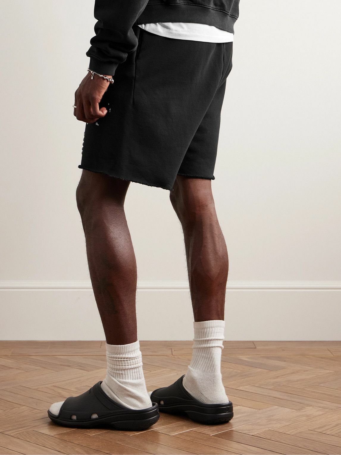 RRR123 - INRI Enemy Straight-Leg Embellished Cotton-Jersey Drawstring Shorts - Black