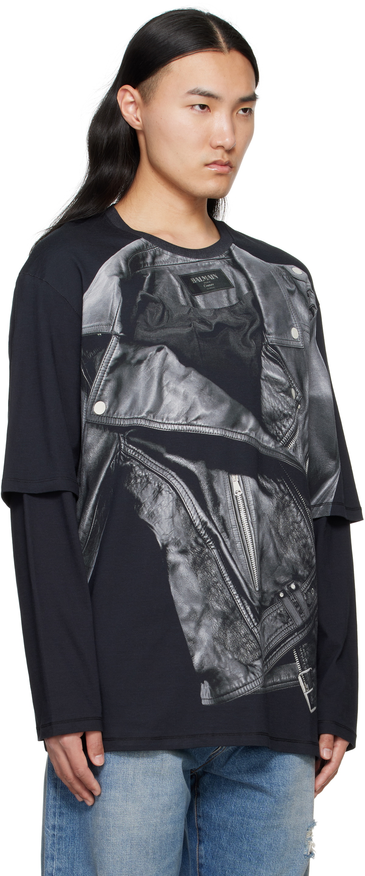 Balmain Black Long Sleeve Biker Jacket Print T-shirt