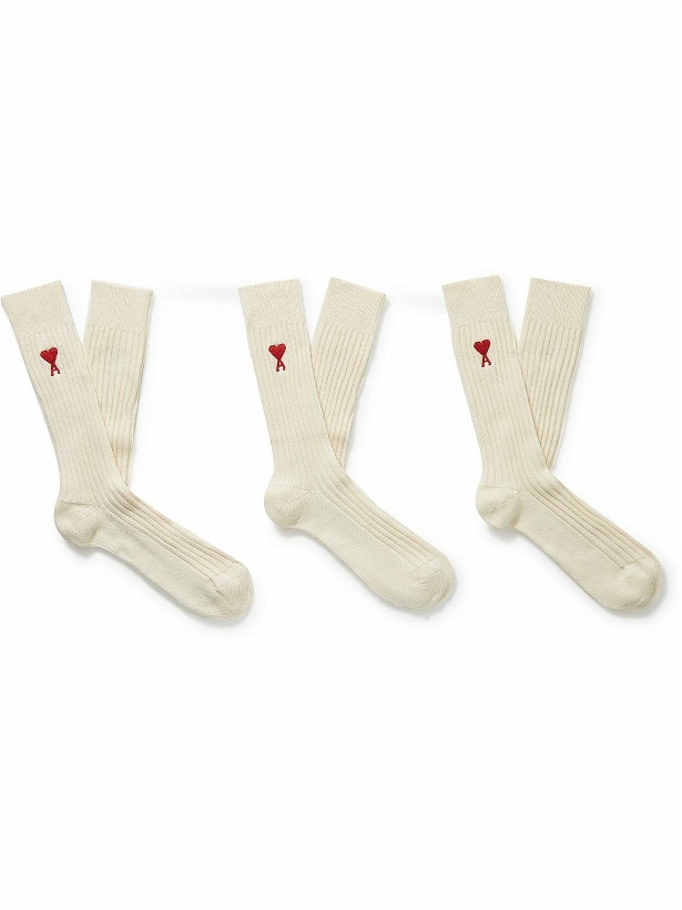 Photo: AMI PARIS - Three-Pack Logo-Embroidered Ribbed Cotton-Blend Socks - Neutrals