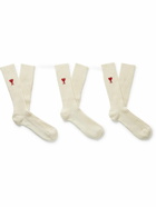 AMI PARIS - Three-Pack Logo-Embroidered Ribbed Cotton-Blend Socks - Neutrals