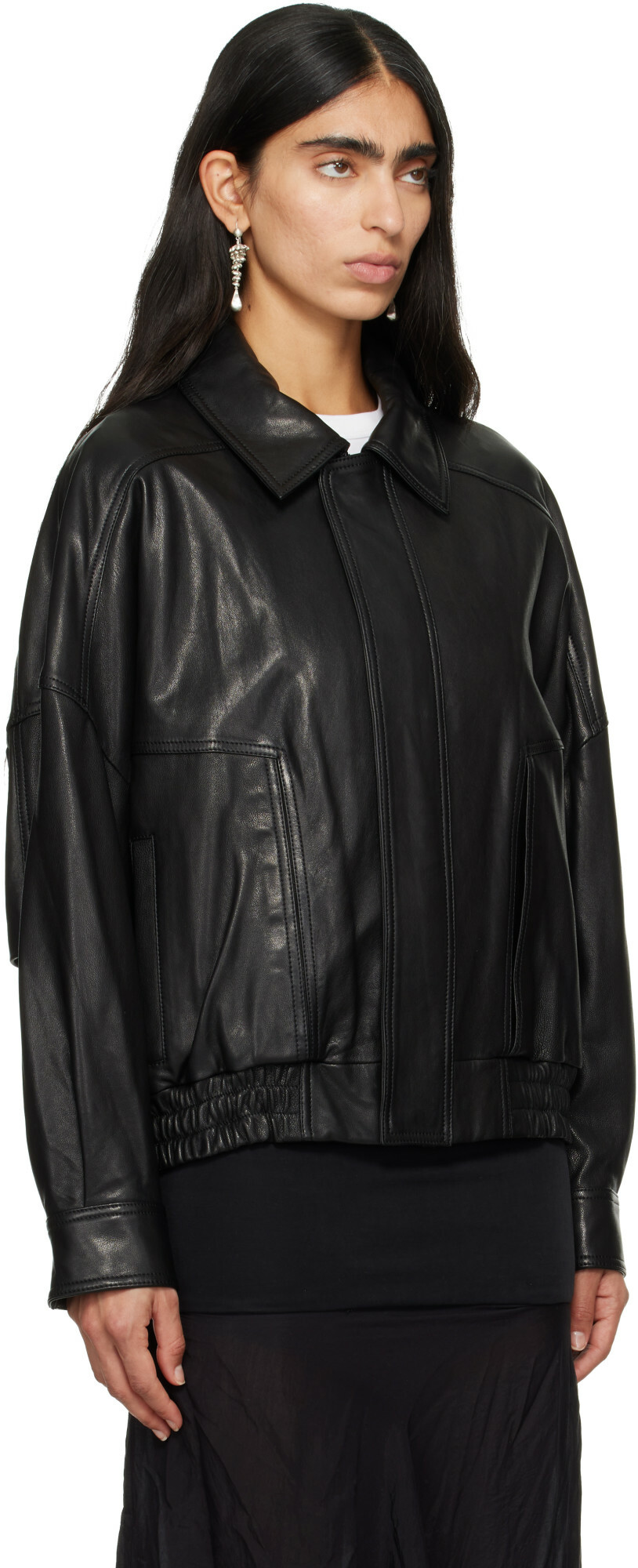 Nour Hammour Black Dalma Leather Bomber Jacket