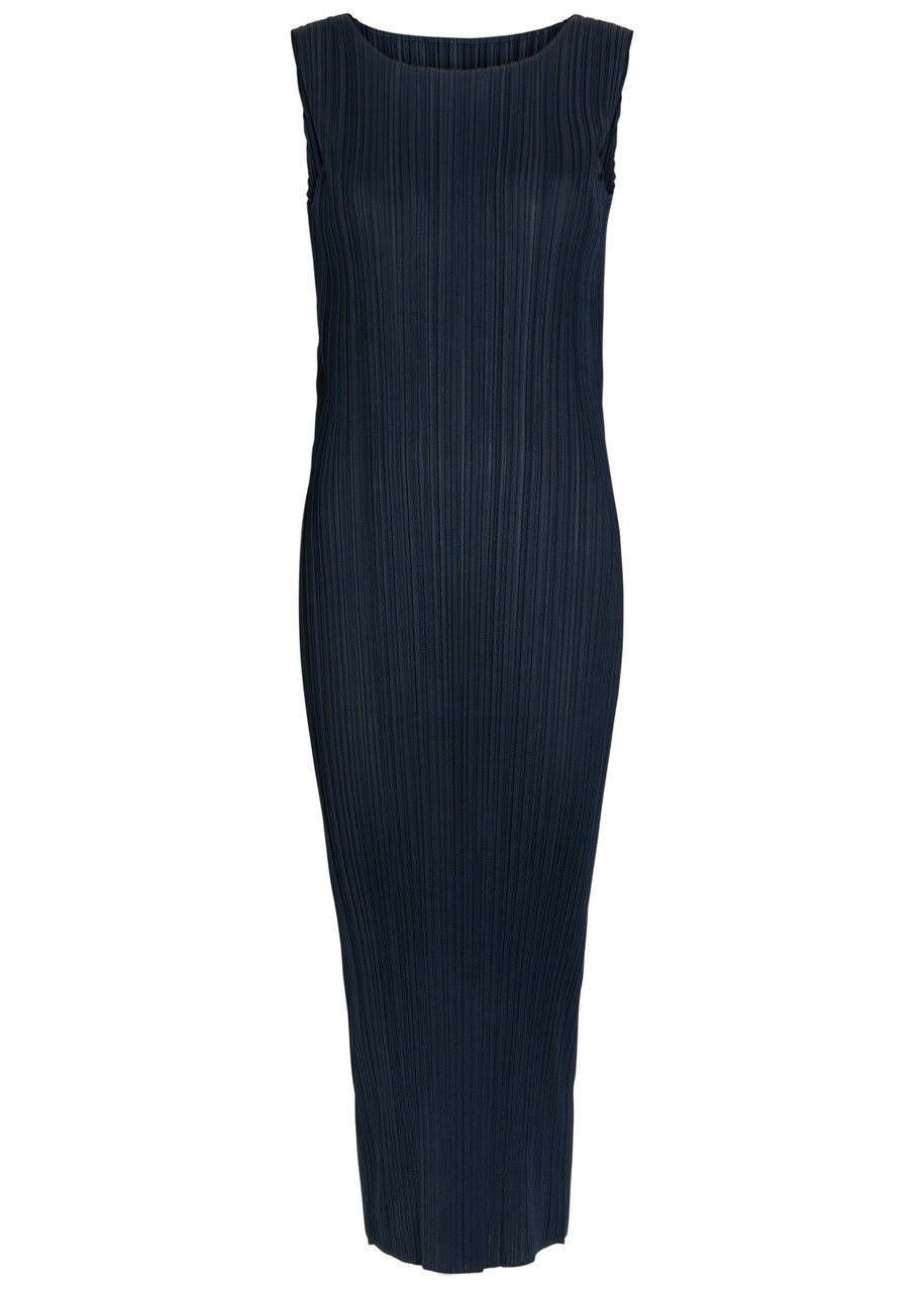 Pleats Please Issey Miyake Pleated Woven Midi Dress Navy
