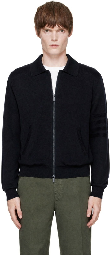 Photo: Thom Browne Navy 4-Bar Wool Linen Full Zip Cardigan