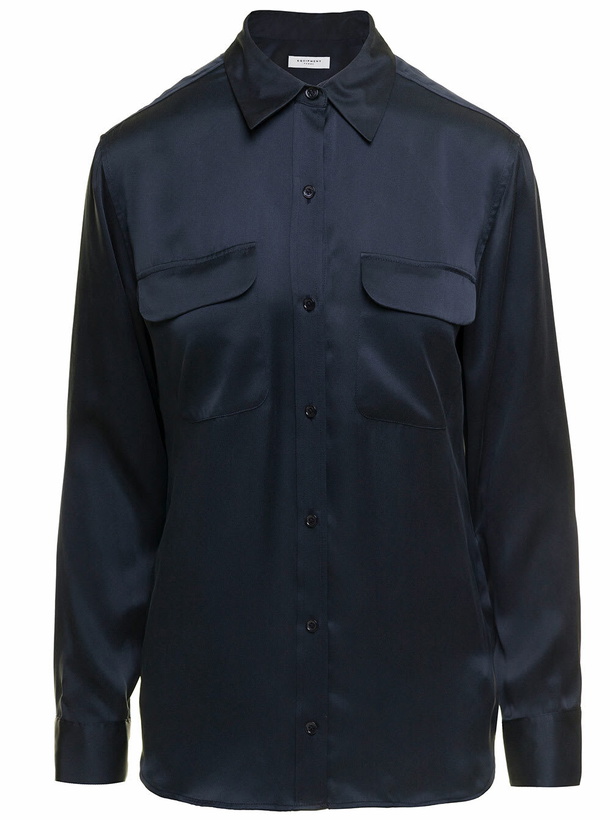 Photo: signature Navy Blue Long Sleeves Shirt In Silk Woman Equipment