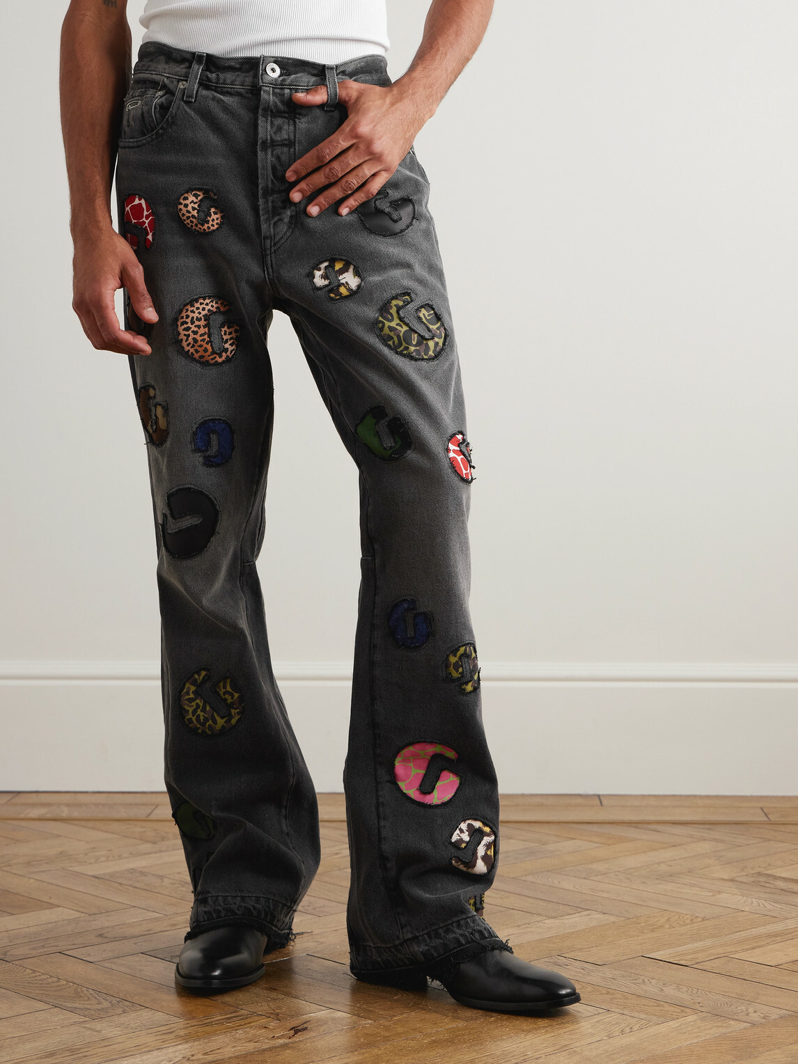 Gallery Dept. - G-Time Flared Distressed Logo-Appliquéd Jeans - Black
