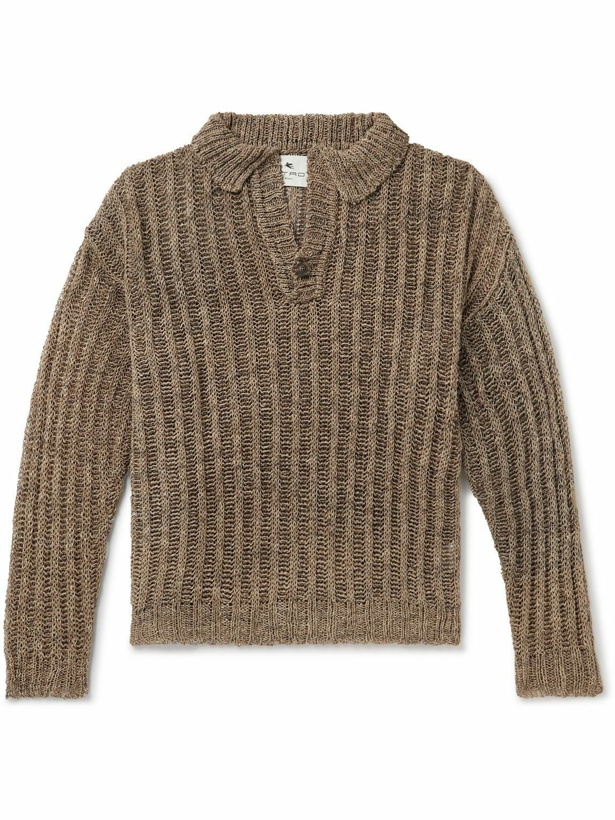 Photo: Etro - Ribbed Open-Knit Linen, Cotton and Silk-Blend Sweater - Brown