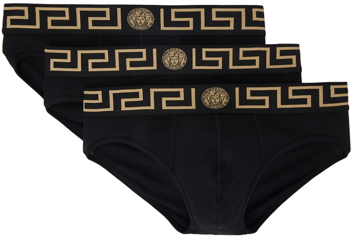 Photo: Versace Underwear Three-Pack Black Greca Border Briefs