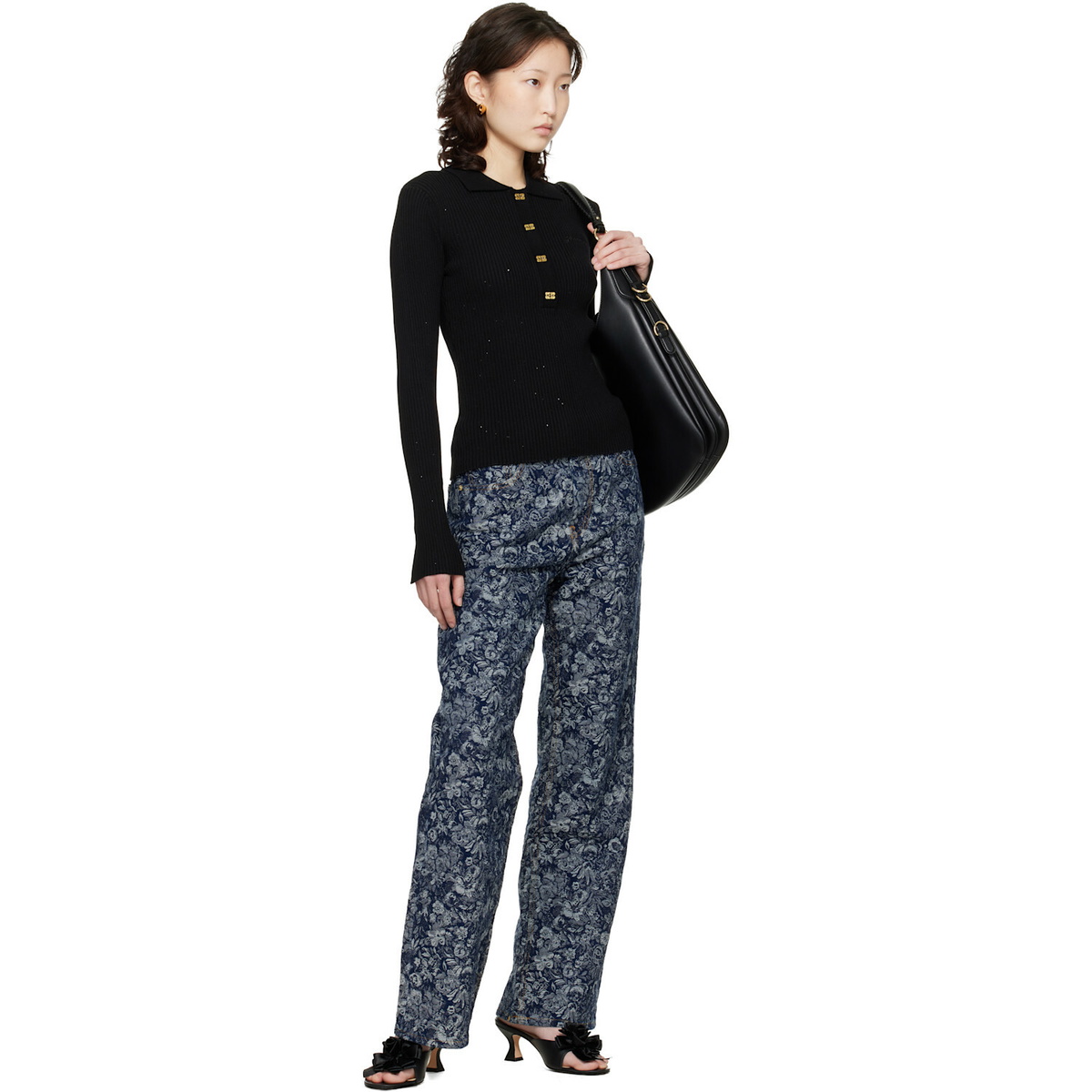 GANNI Black Fine Sequin Knitted Polo