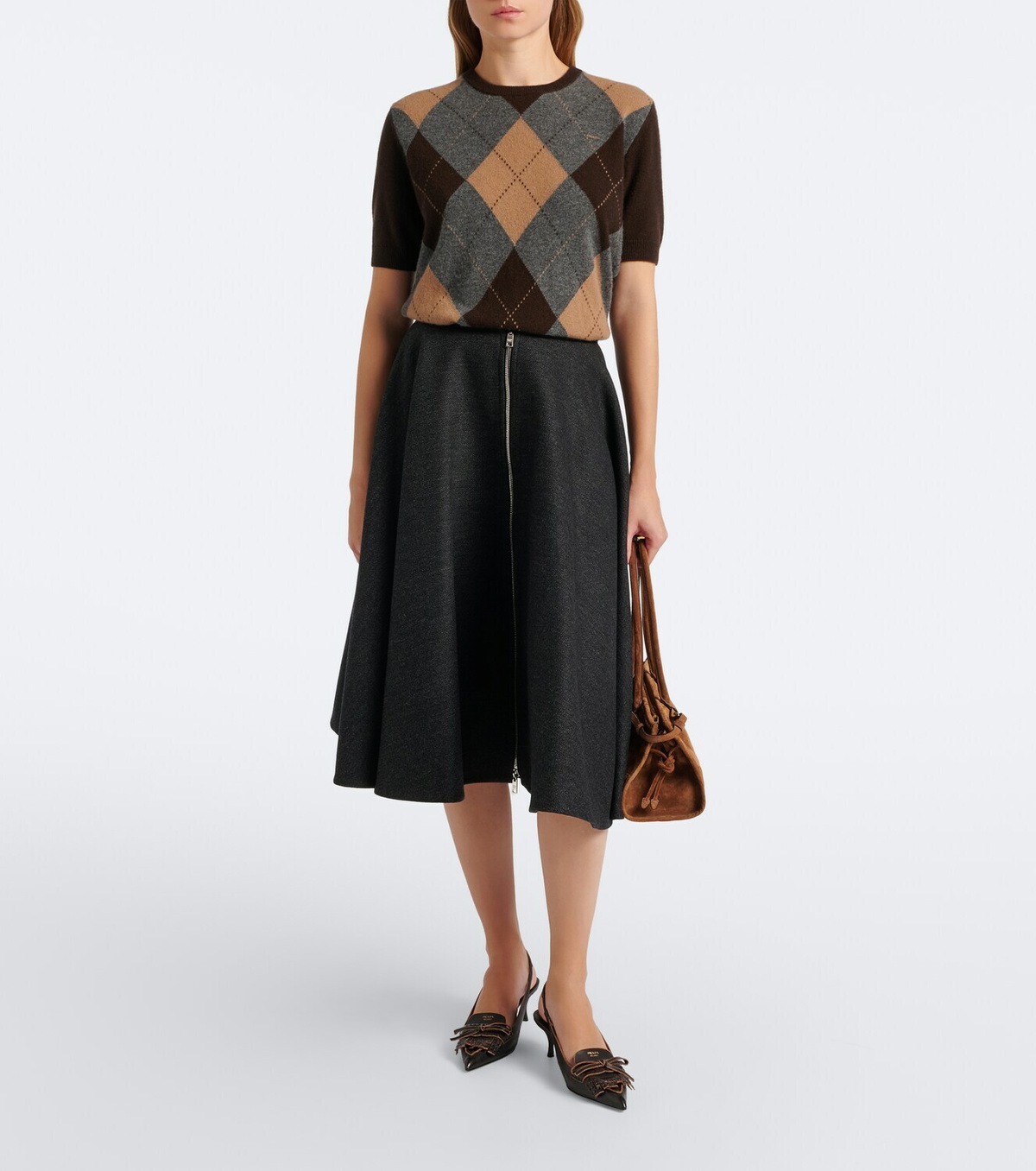 Prada Re-Nylon-trimmed virgin wool midi skirt