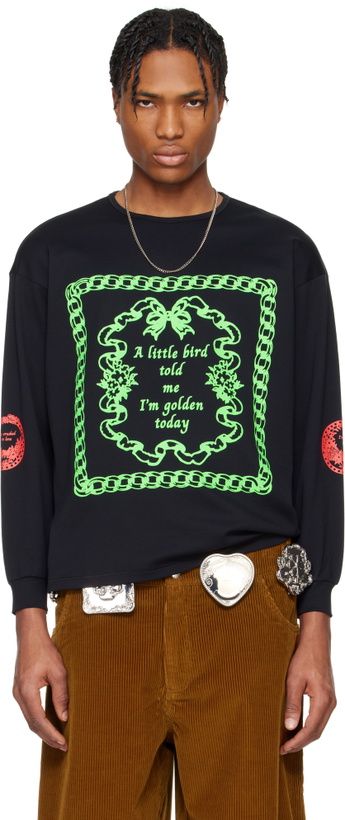 Photo: Chopova Lowena Black 'Little Bird' Oversized Jersey T-shirt