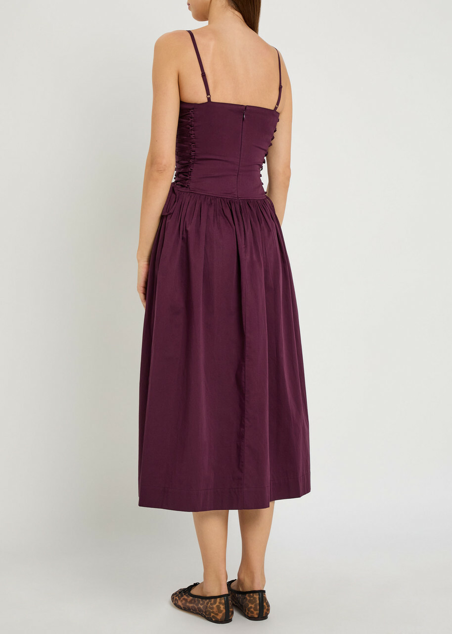 Damson Madder Angelina Lace-up Cotton-poplin Midi Dress Purple