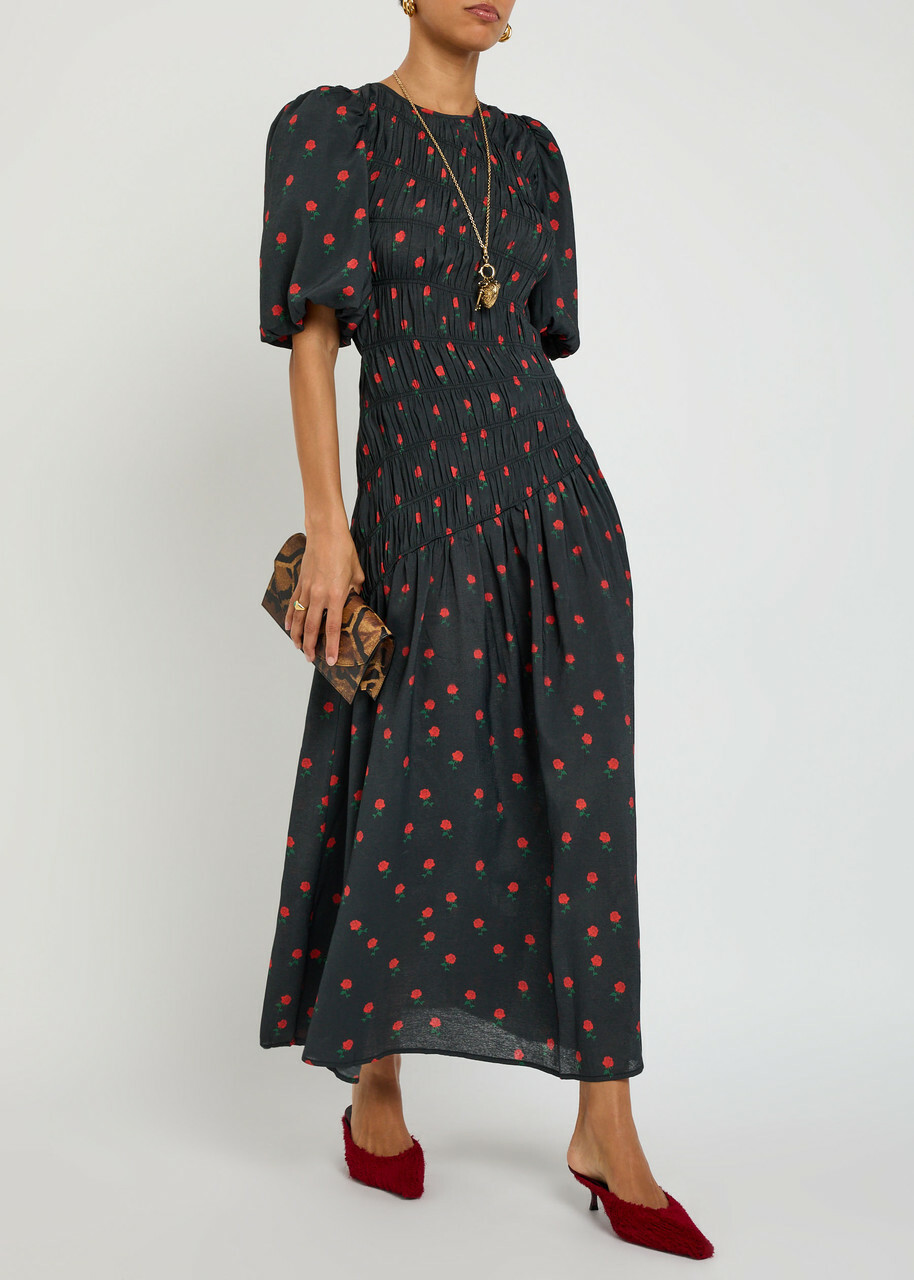 Never Fully Dressed Nara Rose-print Shirred Woven Midi Dress Black
