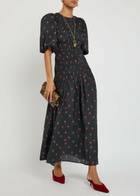 Never Fully Dressed Nara Rose-print Shirred Woven Midi Dress Black