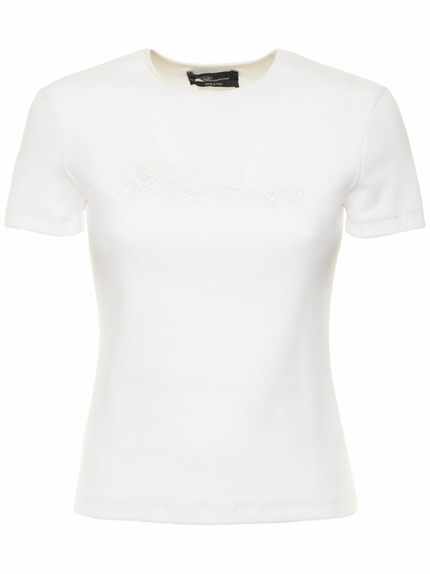 Photo: BLUMARINE - Embroidered Ribbed Cotton Logo T-shirt