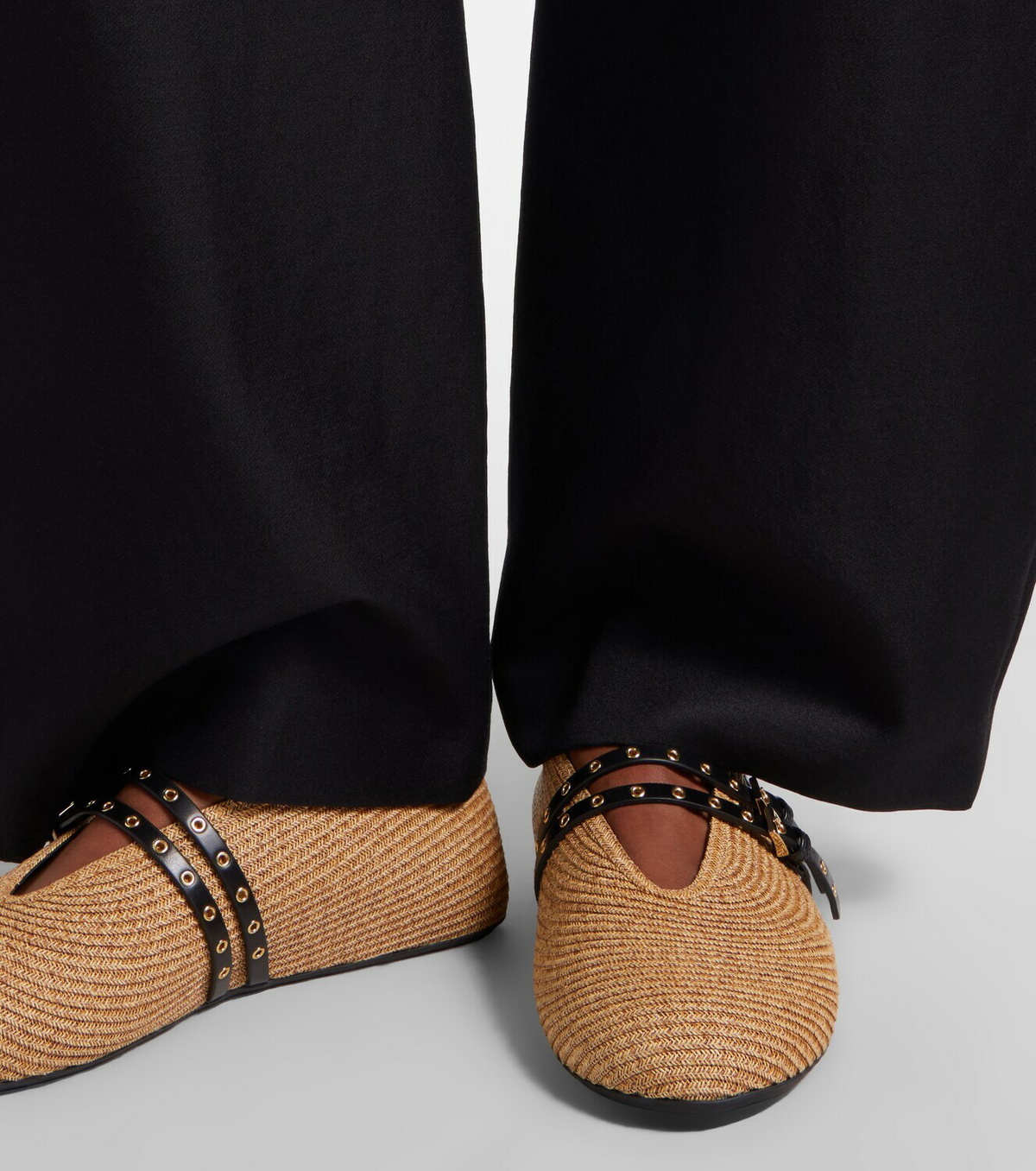 Alaïa Paperstraw leather-trimmed Mary Jane flats