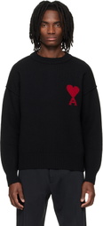 AMI Paris Black Wool Contrasted Ami de Coeur Crewneck Sweater