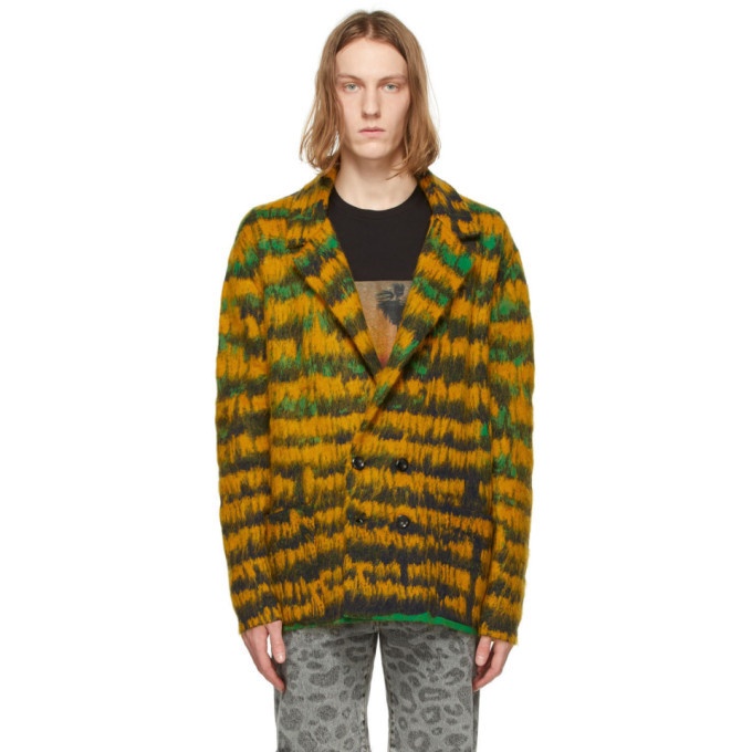 Photo: Saint Laurent Yellow and Green Abstract-Feather Double-Breasted Cardigan