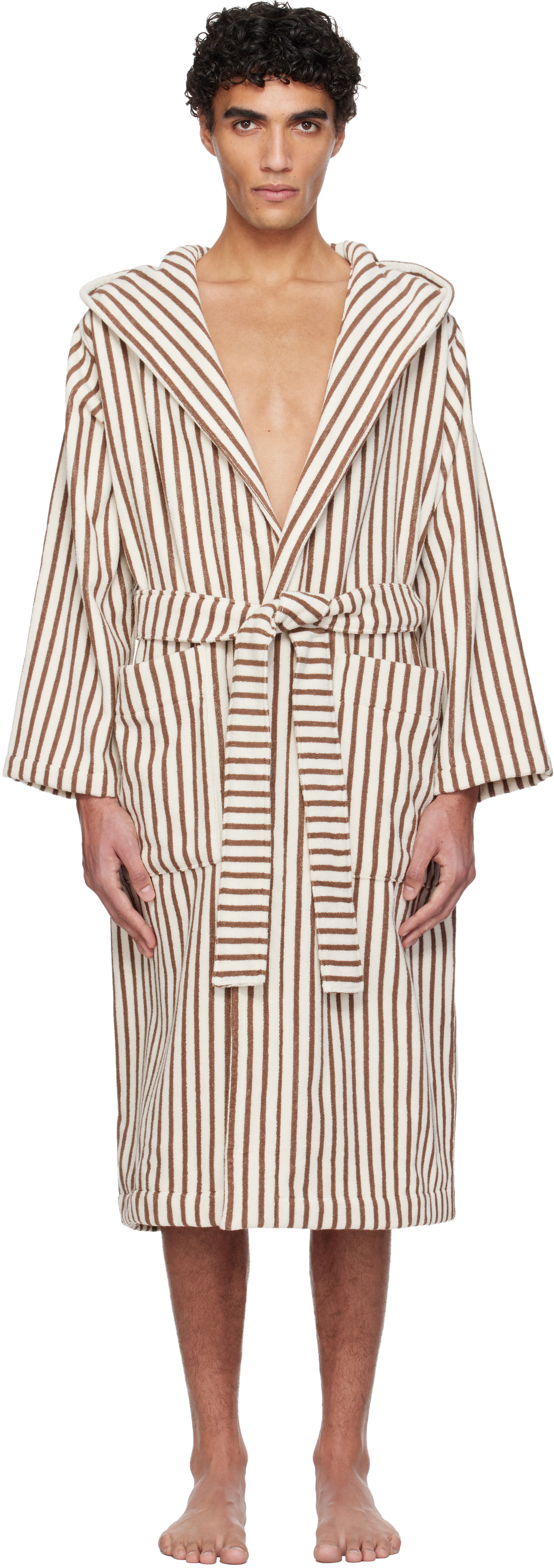 Tekla Off-White & Brown Terry Hooded Bathrobe