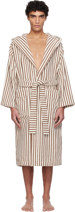 Photo: Tekla Off-White & Brown Terry Hooded Bathrobe