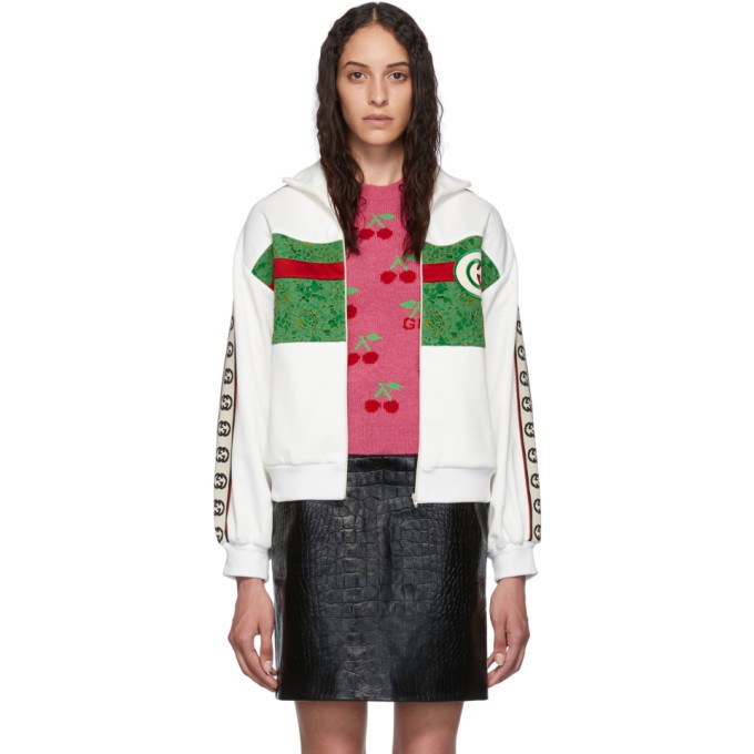 Photo: Gucci White and Green Lace Embroidered Zip-Up Sweater