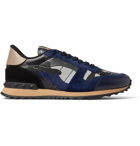 Valentino - Valentino Garavani Rockrunner Suede, Leather and Canvas Sneakers - Blue