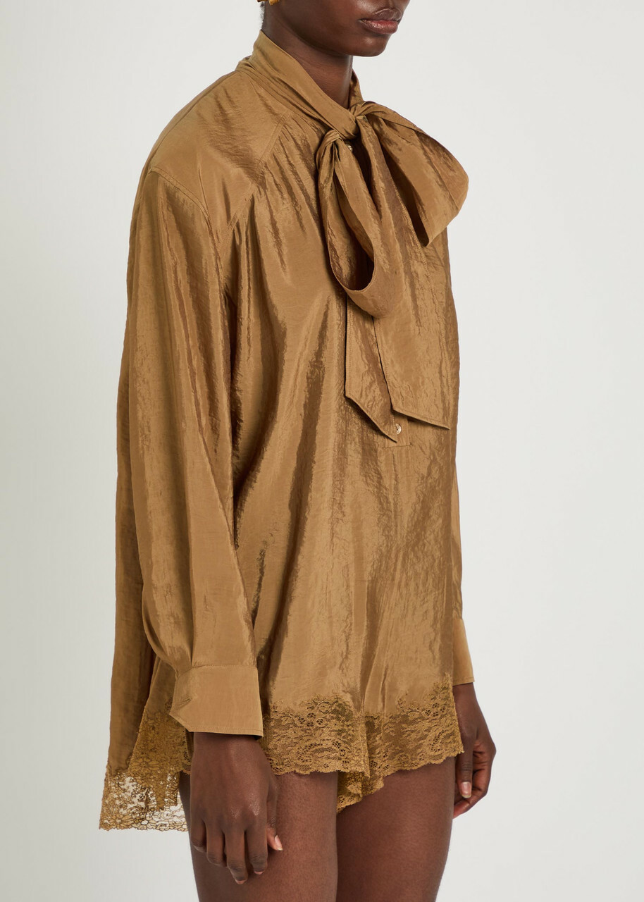 Saint Laurent Lace-trim Brushed Satin Playsuit Caramel