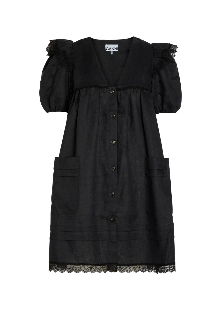 Ganni Lace-trimmed Linen Mini Dress Black