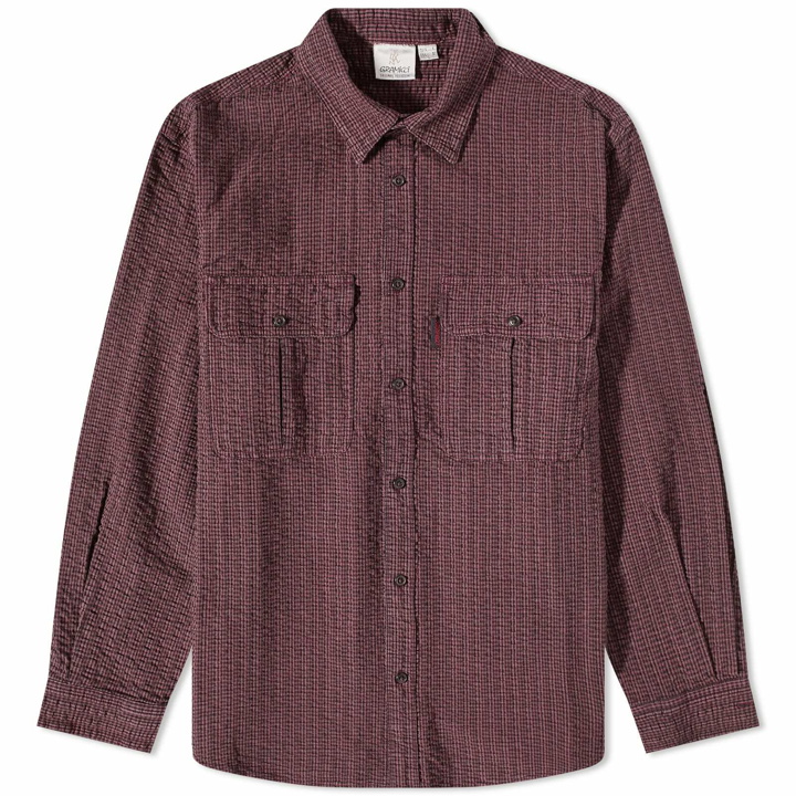 Photo: Gramicci Men's O.G. Seersucker Canyon Shirt in Dusty Maroon Garment Dyed