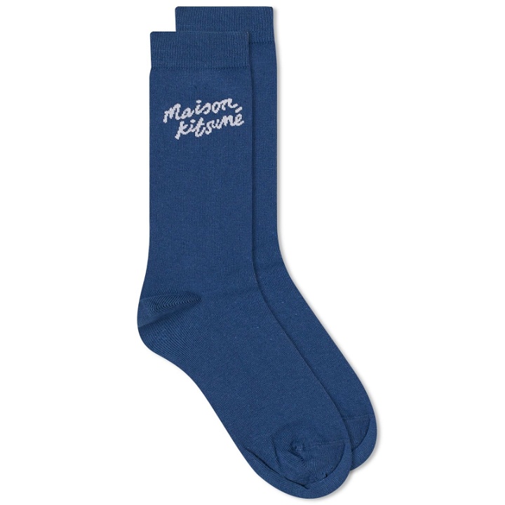 Photo: Maison Kitsuné Men's Handwriting Socks in Storm Blue