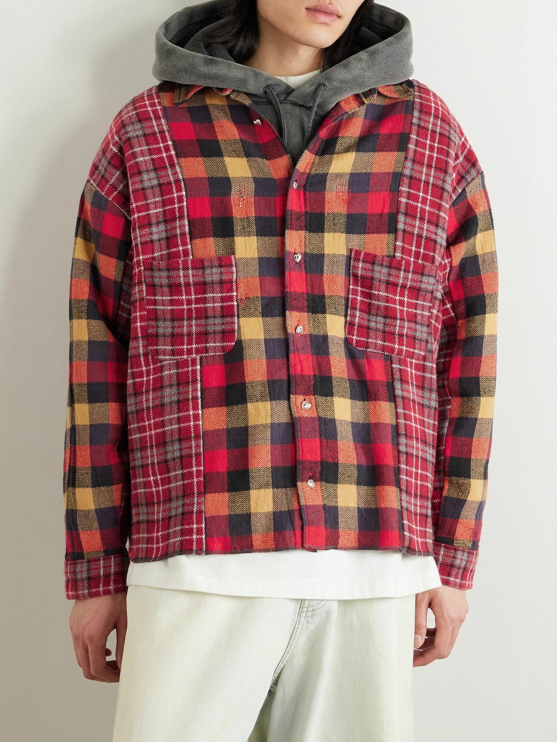 READYMADE - Patchwork Checked Flannel Shirt - Red