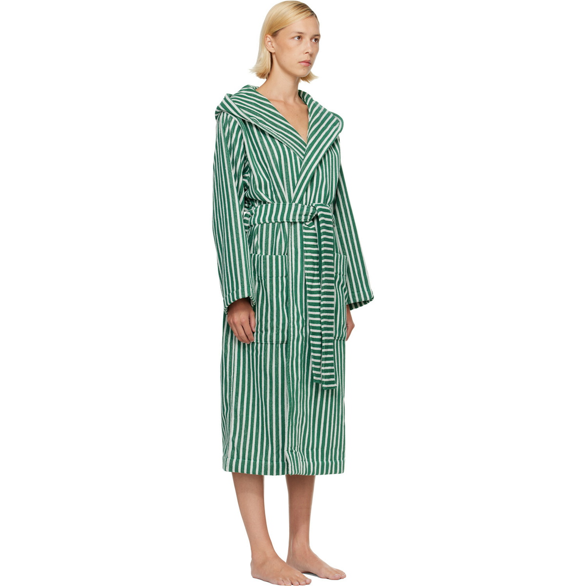 Tekla Green & White Terry Hooded Bathrobe